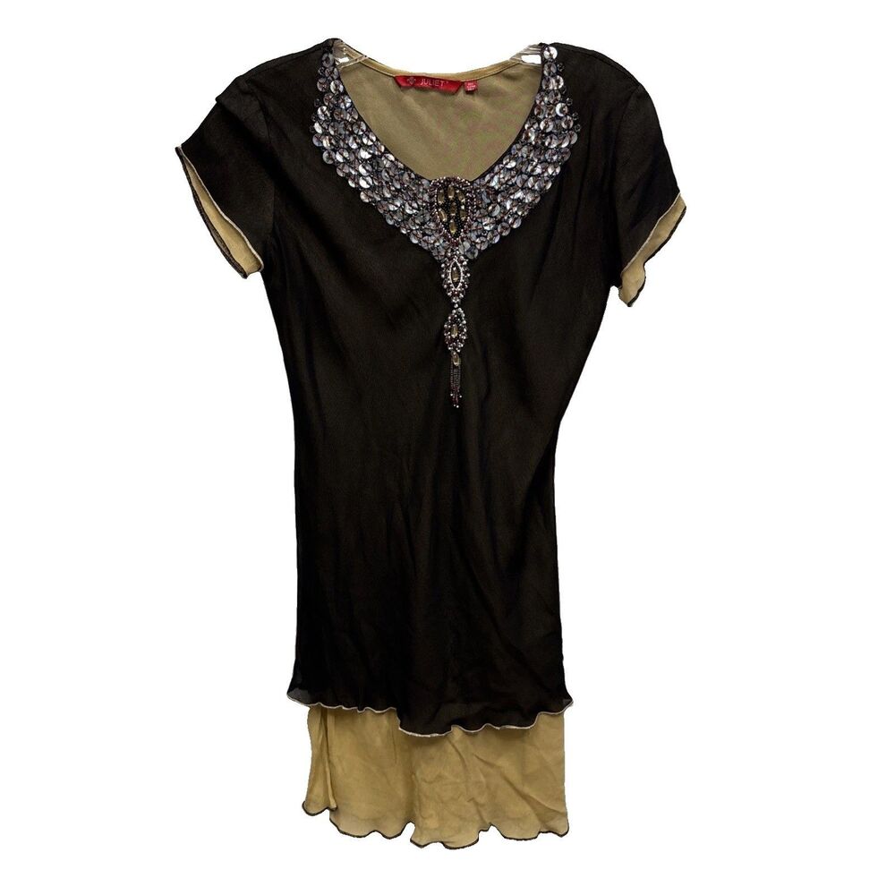 Juliet Y2K Brown Beige Dress L Layered Beads Cap Sleeve Sequins Sheer